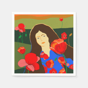 Long haired woman walking in poppy field napkin