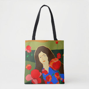 Long haired woman walking in poppy field tote bag