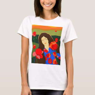 Long haired woman walking in poppy field Women's T-Shirt