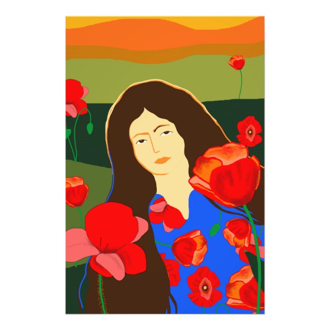Long haired woman walking in red poppy field  photo print (Front)