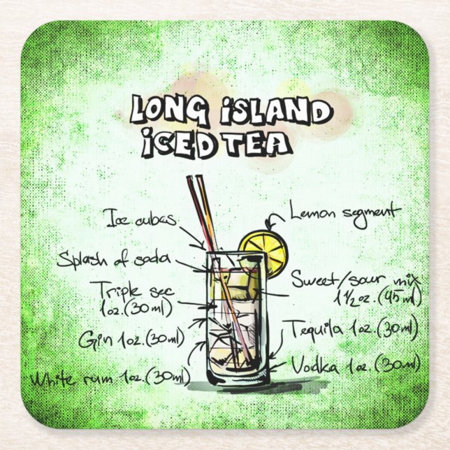 Long Island Iced Tea Drink Recipe Square Paper Coaster (Front)
