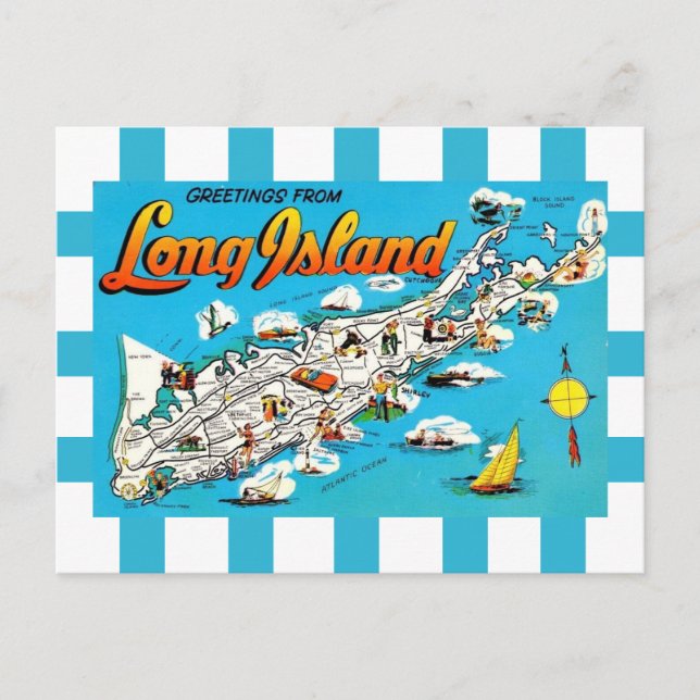  Long Island, NY Striped Map Postcard (Front)