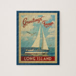 Long Island Sailboat Vintage Travel New York Jigsaw Puzzle<br><div class="desc">This Greetings From Long Island New York vintage travel nautical design features a boat sailing on the water with seagulls and a blue sky filled with gorgeous puffy white clouds.</div>