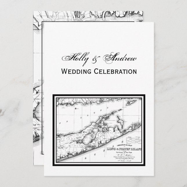 Long Island The Hamptons Map VC Wedding Black Invitation (Front/Back)