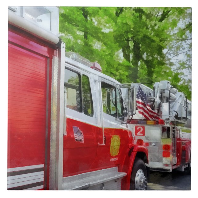 Long Line of Fire Trucks Tile (Front)