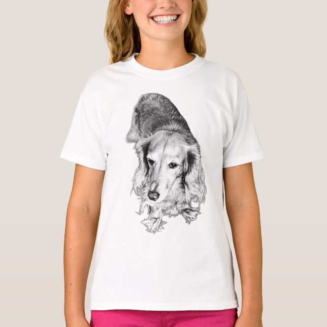 Long Lines, Quiet Strength – Long-Haired Dachshund T-Shirt (Front)