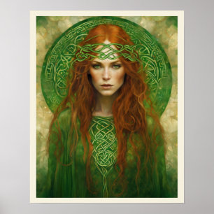 Long Red Hair Green Celtic Knot Headband Woman Poster