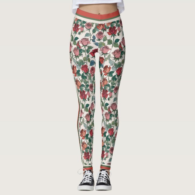 Long Stem Leafy Red Roses With Racing Stripes Leggings (Front)