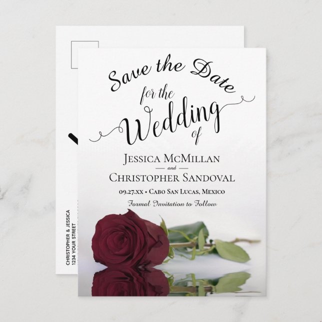 Long-Stemmed Burgundy Rose Wedding Save the Date Announcement Postcard (Front/Back)