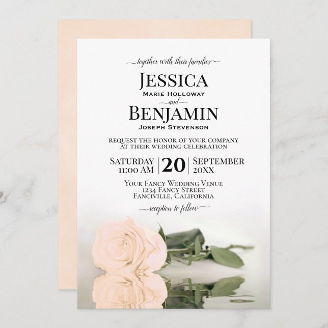 Long Stemmed Peach Orange Rose Elegant Wedding Invitation (Front/Back)