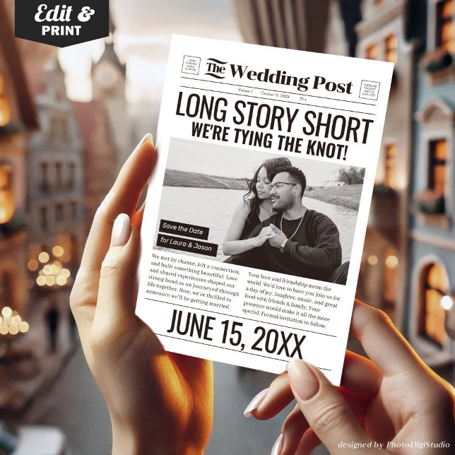 Long Story Short Wedding Save The Date Newspaper  Holiday Card (Long Story Short Wedding Save The Date Newspaper Holiday Card)