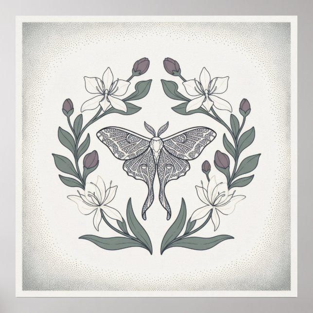 Long Tailed Moth Ivory Lily Floral Wreath Poster (Front)