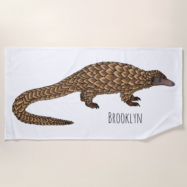 Long-tailed pangolin cartoon illustration  beach towel (Front)