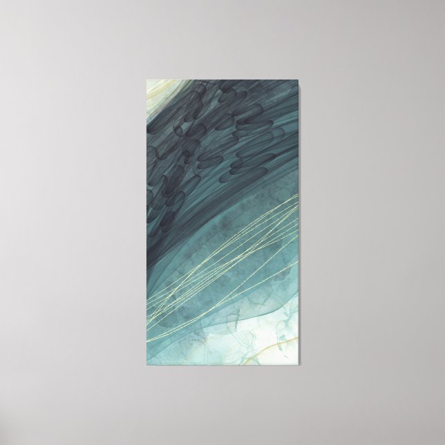 Long Vertical Abstract Ink Painting Dark Teal Gold Canvas Print (Front)