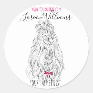 Long wavy hair with a bow  Hairstyling branding Classic Round Sticker
