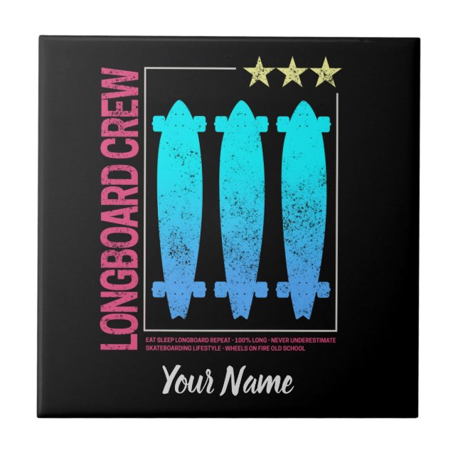 Longboard Retro Skateboard Vintage Skater Design Tile (Front)