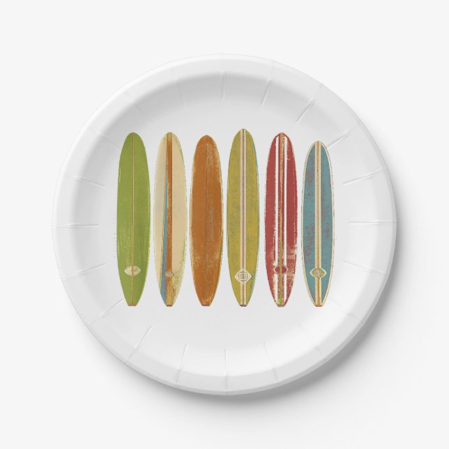 Longboard Surfboards Vintage Retro Style Surfing Paper Plate (Front)