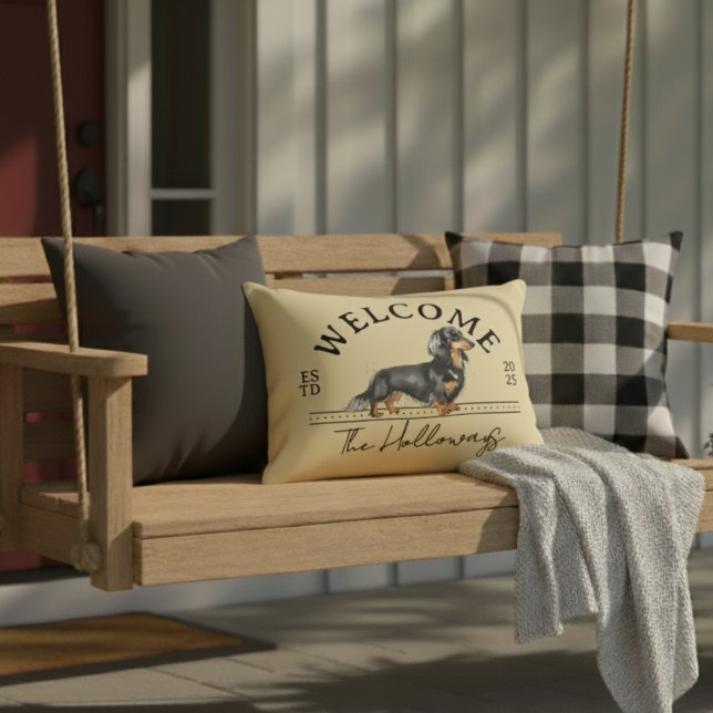 Longhair Dachshund Custom Family Name Welcome Decorative Cushion (Welcome guests to your home with this Longhair Dachshund Custom Family Name Welcome Throw Pillow!)