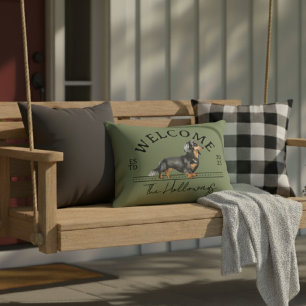 Longhair Dachshund Custom Family Name Welcome Decorative Cushion