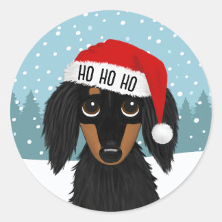 Longhaired Black and Tan Dachshund Santa Christmas Classic Round Sticker
