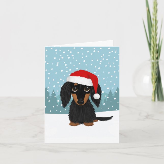 Longhaired Black and Tan Dachshund Santa Christmas Holiday Card (Front)