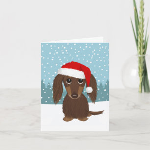 Longhaired Black and Tan Dachshund Santa Christmas Holiday Card