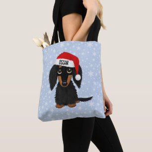 Longhaired Black and Tan Dachshund Santa Custom Tote Bag