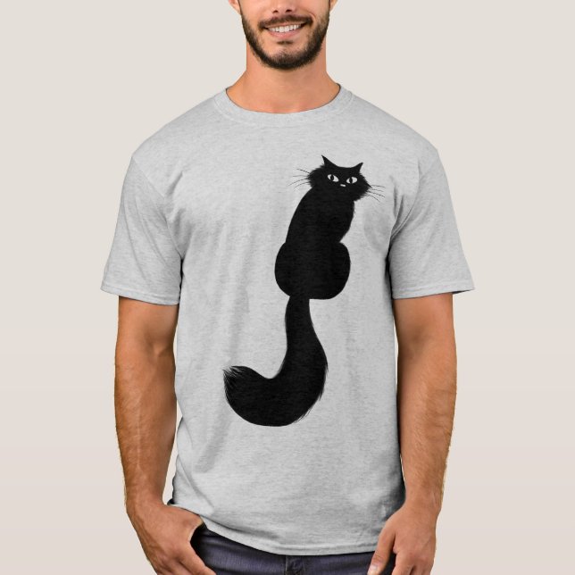 Longhaired Black Kitty Cat Looking Over Shoulder T-Shirt (Front)