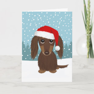 Longhaired Chocolate Dachshund Cute Dog Christmas Holiday Card