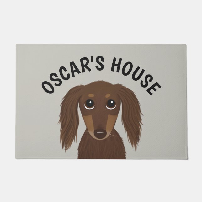 Longhaired Chocolate Dachshund Dog Personalised Doormat (Front)