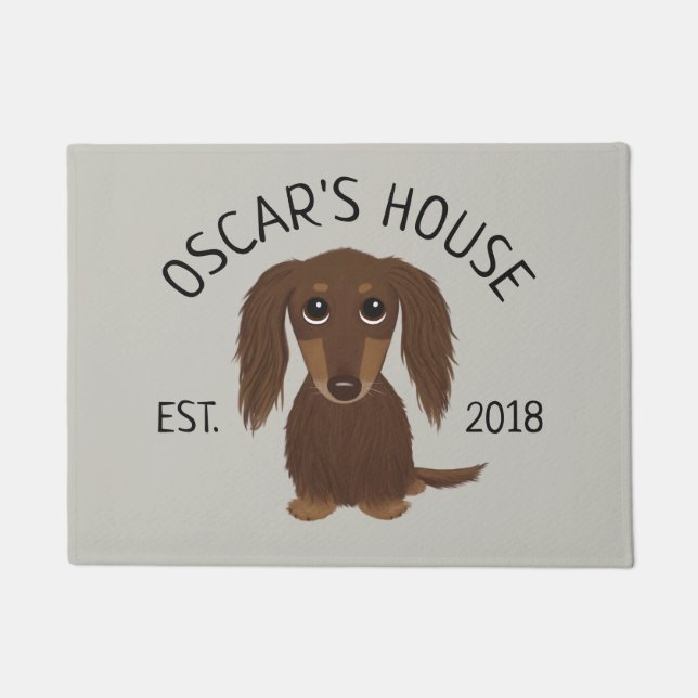 Longhaired Chocolate Dachshund Dog Personalised Doormat (Front)