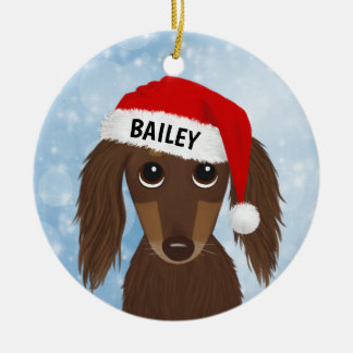Longhaired Chocolate Dachshund Santa  Custom Name Ceramic Tree Decoration
