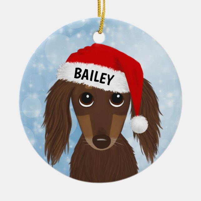 Longhaired Chocolate Dachshund Santa  Custom Name Ceramic Tree Decoration (Front)