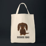 Longhaired Chocolate Dachshund Wiener Dog Lover's Tote Bag<br><div class="desc">An adorable longhaired chocolate Dachshund puppy looking up. A cute wiener dog lover’s tote bag,  great for shopping for groceries or pet supplies. This fun weenie dog cartoon reusable bag makes a perfect gift for anyone who loves a weenie dog. Visit Jenn’s Doodle World for more Doxie gifts.</div>