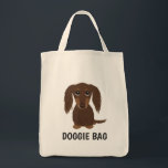 Longhaired Chocolate Dachshund Wiener Dog Lover's Tote Bag<br><div class="desc">An adorable longhaired chocolate Dachshund puppy looking up. A cute wiener dog lover’s tote bag,  great for shopping for groceries or pet supplies. This fun weenie dog cartoon reusable bag makes a perfect gift for anyone who loves a weenie dog. Visit Jenn’s Doodle World for more Doxie gifts.</div>
