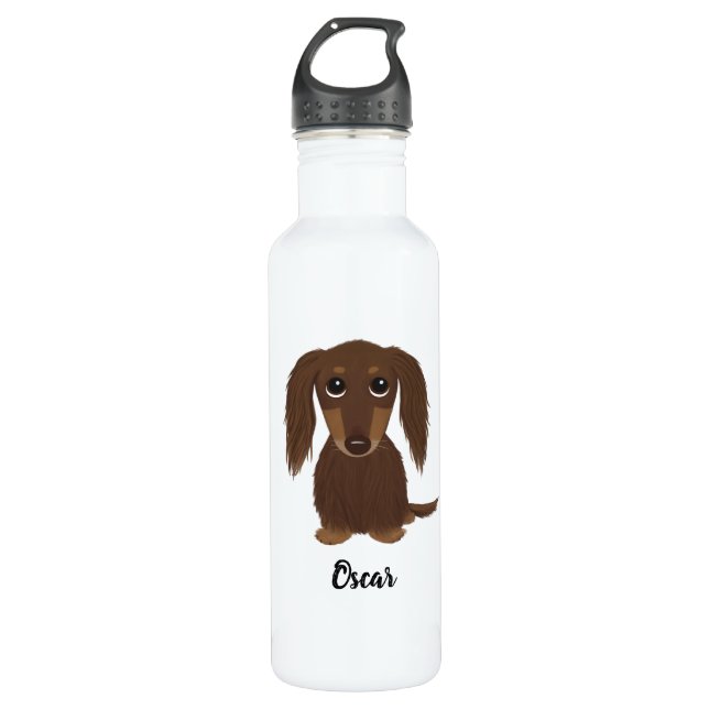 Longhaired Chocolate Dachshund with Custom Text 710 Ml Water Bottle (Front)