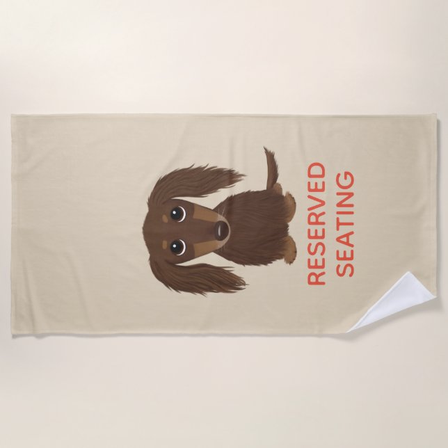 Longhaired Chocolate Dachshund with Custom Text Beach Towel (Front)