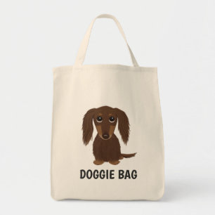 Longhaired Chocolate Dachshund with Custom Text Tote Bag
