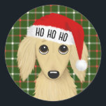 Longhaired Cream Dachshund Santa Dog Christmas Classic Round Sticker<br><div class="desc">Spread holiday cheer with this adorable Christmas dachshund sticker! The sticker features a longhaired English cream coloured dachshund wearing a bright red Santa hat with white trim. HO HO HO can be personalised with name or other text. These peel-and-stick stickers can be used to seal envelopes or packages for the...</div>
