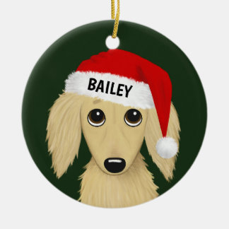 Longhaired Cream Dachshund Santa Dog Custom Ceramic Tree Decoration