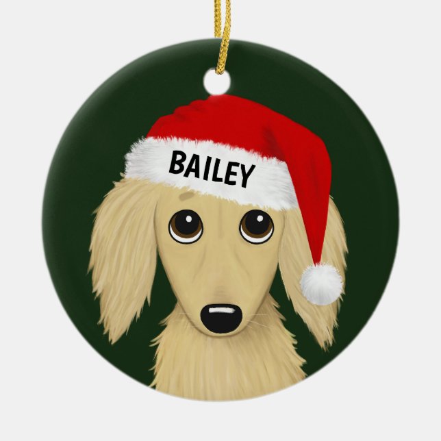 Longhaired Cream Dachshund Santa Dog Custom Ceramic Tree Decoration (Front)