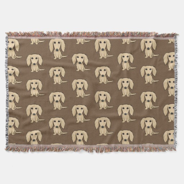 Longhaired Cream Dachshunds Pattern | Cute Doxies Throw Blanket (Front)