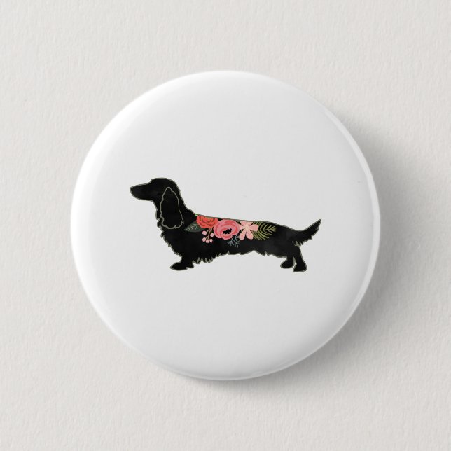 Longhaired Dachshund Bohemian Floral Silhouette 6 Cm Round Badge (Front)