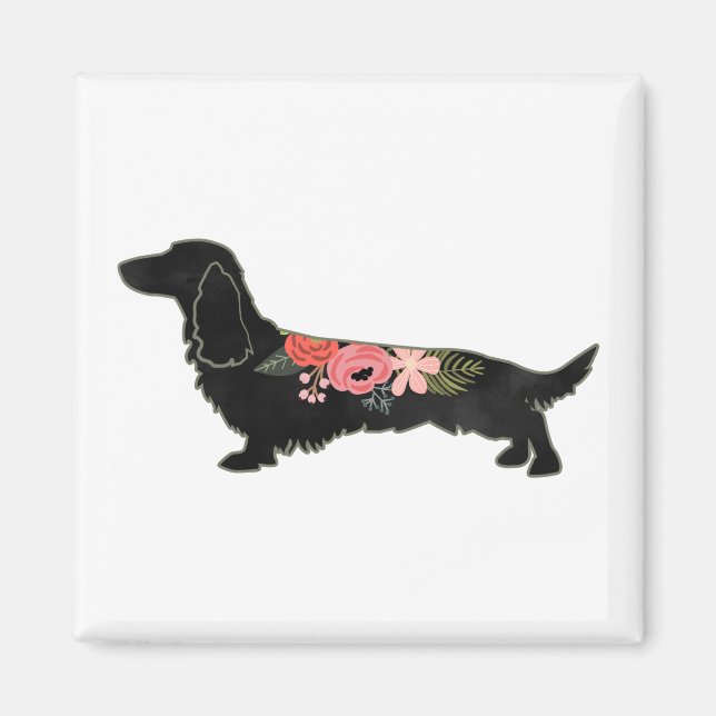 Longhaired Dachshund Bohemian Floral Silhouette Magnet (Front)