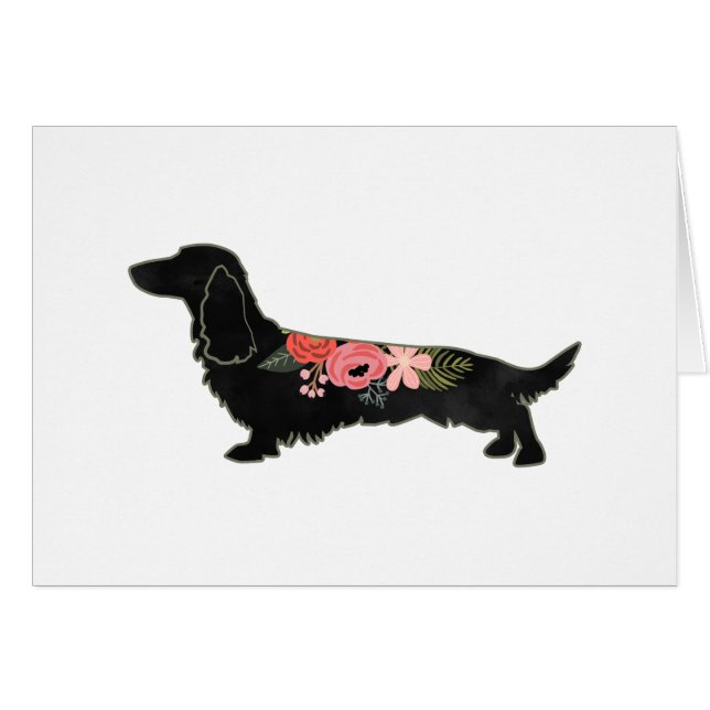 Longhaired Dachshund Boho Floral Silhouette Card (Front Horizontal)