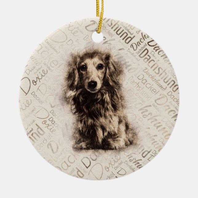 Longhaired Dachshund dog Ceramic Tree Decoration (Front)
