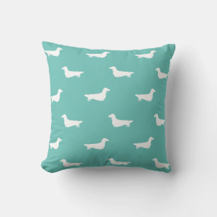 Longhaired Dachshund Dog Silhouettes Pattern Teal Cushion