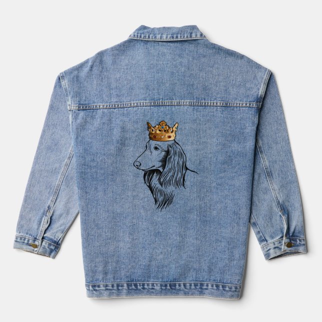 Longhaired Dachshund Dog Wearing Crown Denim Jacket (Back)