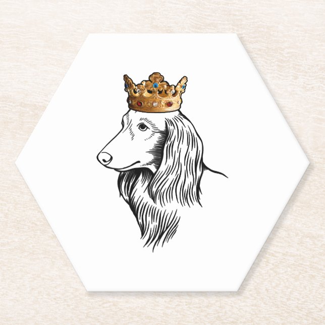 Longhaired Dachshund Dog Wearing Crown Paper Coaster (Front)