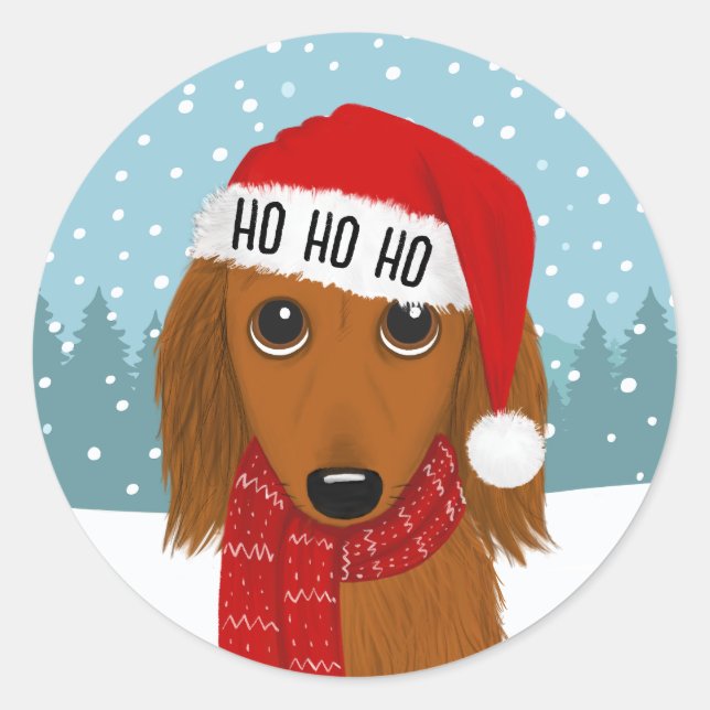 Longhaired Dachshund Santa Christmas Dog Custom Classic Round Sticker (Front)